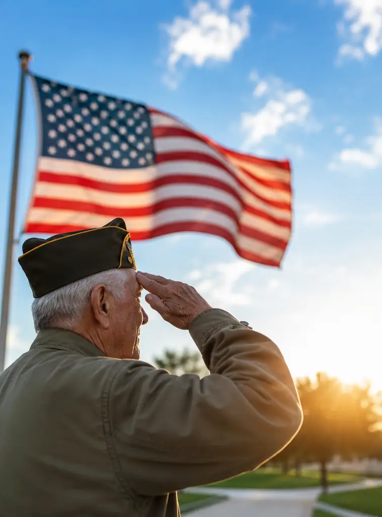Veteran saluting the American flag representing compassionate hospice care for veterans in Dallas, Texas.
