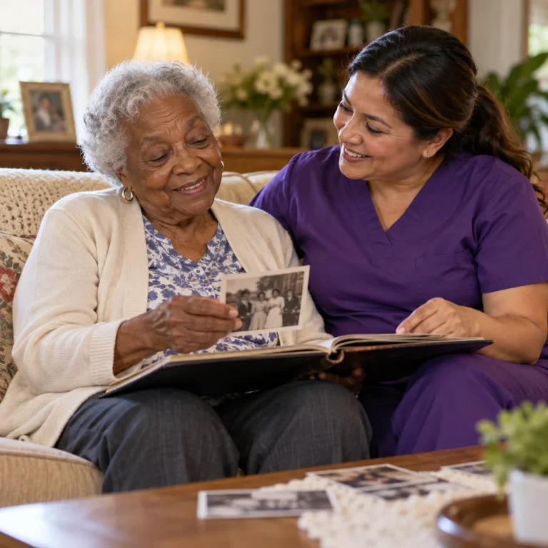 Caregiver providing respite care at home for an older adult.