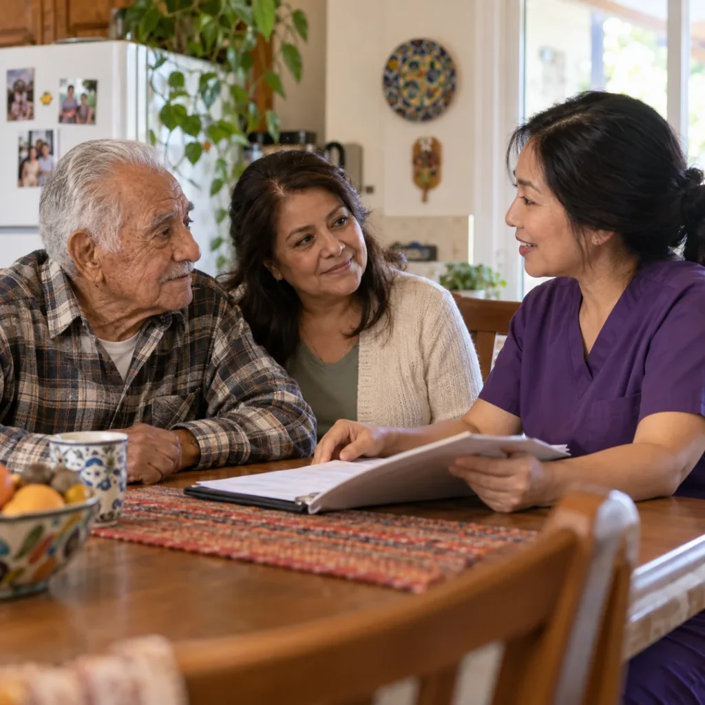 Nurse offering home‑based hospice care and guidance to family.