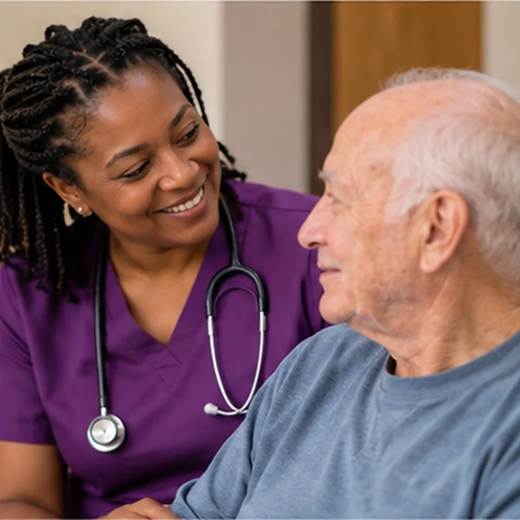 Home‑based hospice care with caregiver assisting a patient.